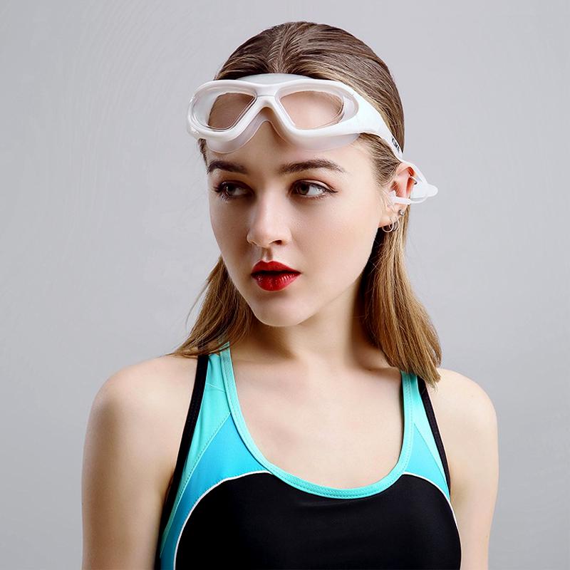 Schwimmbrille mit großem Rahmen und Ohrstöpseln, HD-transparente Gläser, beschlagfrei, Silikon, wasserdicht, Herren, Damen, Schwimmbrille, Erwachsene
