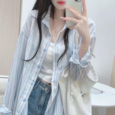 Fashion Loose Casual Striped Shirt for Women Spring and Summer Button Up Sun Protection Blouses Women Tops Elegant Simple Office Ladies Shirts 26113