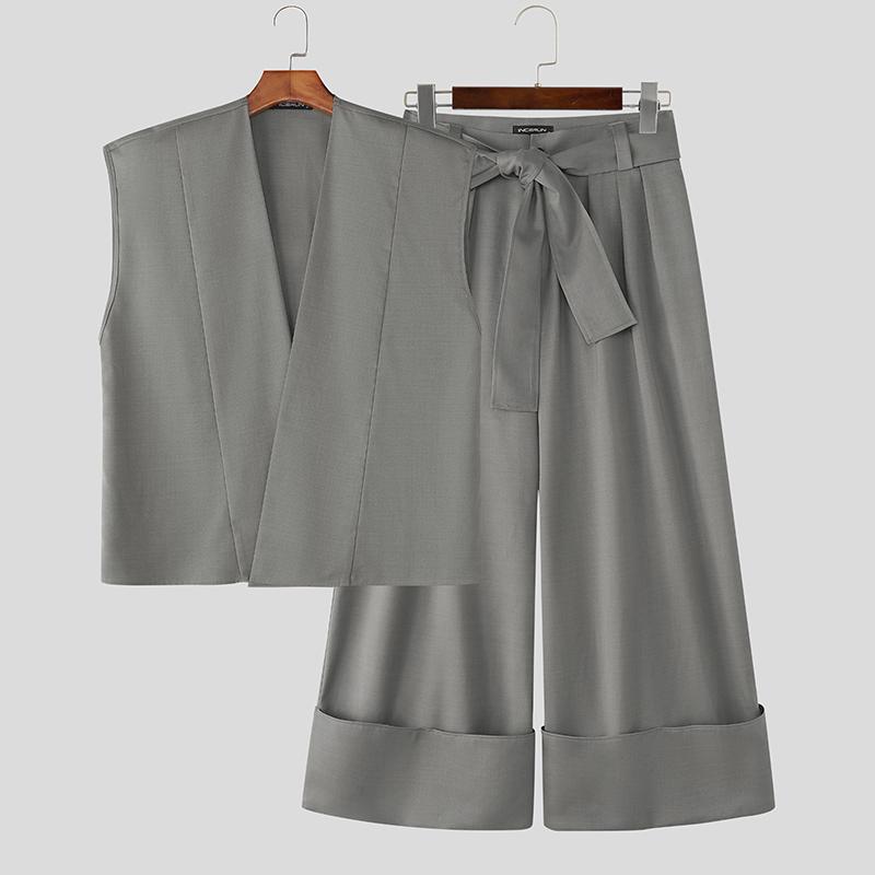 INCERUN Two Pieces Sets Men Sleeveless Tops and Long Loose Pants Outfits