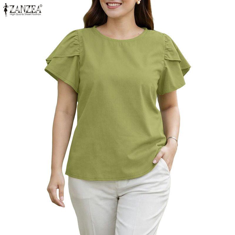 ZANZEA Lässige Bluse mit Rundhalsausschnitt, einfarbig, locker und kurzärmelig für Damen