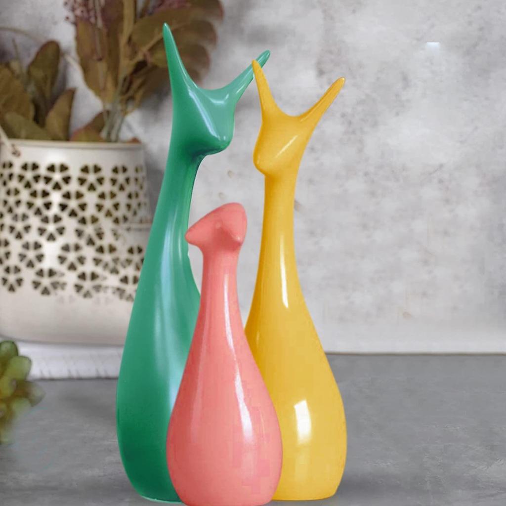 Home Décor Lucky Deer Family Set | Piano Finish Ceramic Figures - (Set of 3 Yellow, Pink, LightGreen)