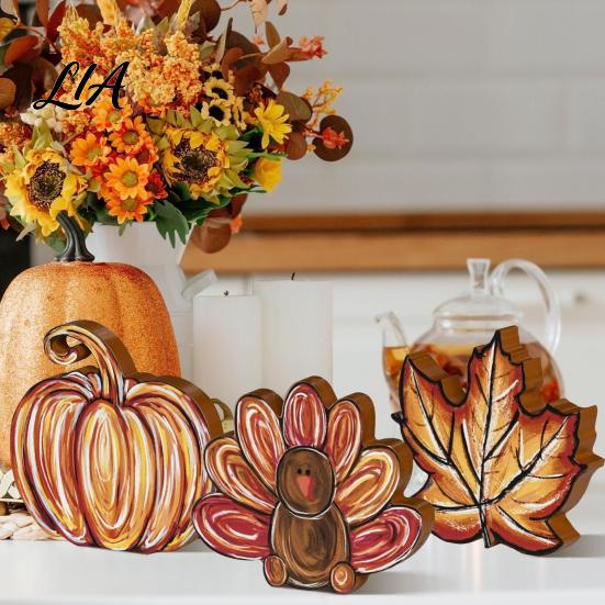 Autumn Harvest Table Decorations 3Pcs Thanksgiving Wooden Block Signs, Fall Pumpkin Turkey Maple Leaf Tabletop Display Ornaments Decor, Farmhouse