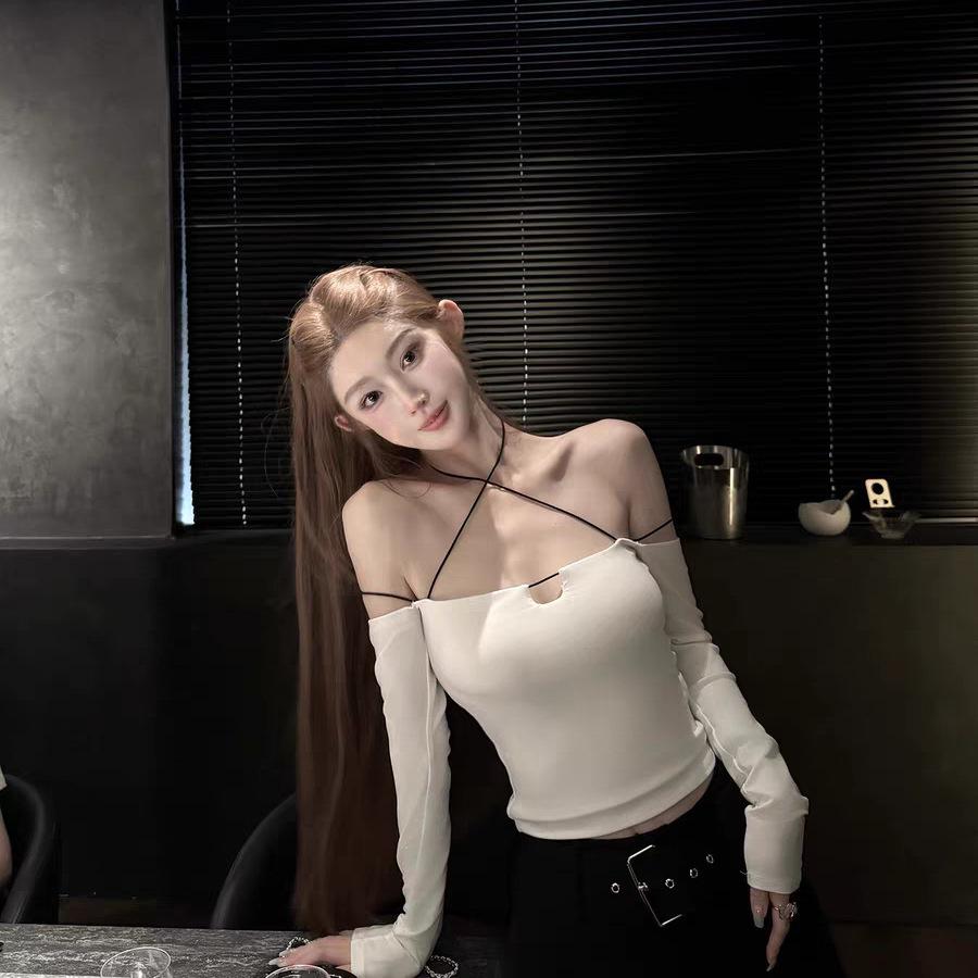 TZ7169 White One-Shoulder Long-Sleeve Slim-Fit Sexy Top for Women - Autumn/Winter Style