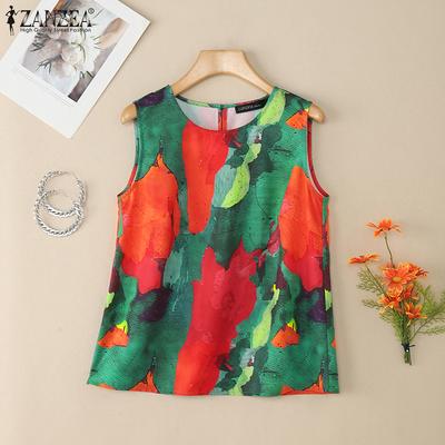 Women Casual Round Neck Loose Print Sleeveless Tank Tops