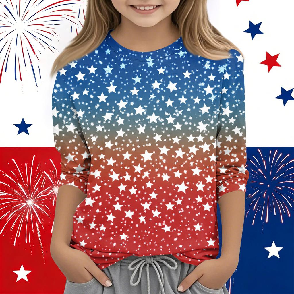Print Tops For Youth Girls Round Neck 3/4 Sleeves T-Shirts Trendy Tops Outfit Tees Independence Day