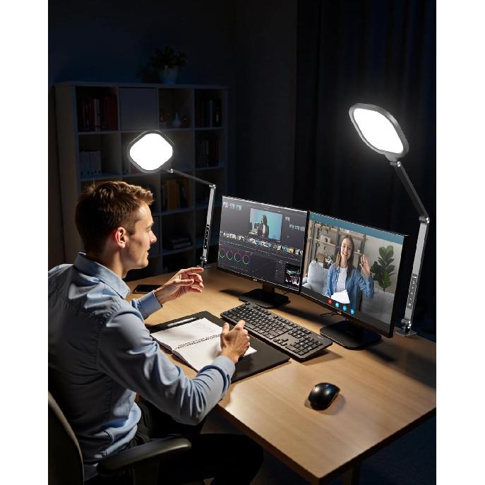 Led Desk Lamps for Home Office, Eye-Care Architect Light with Clamp, Dimmable Zoom Lighting with 3 Color Modes & 10 Brightness, Smart Computer Ring