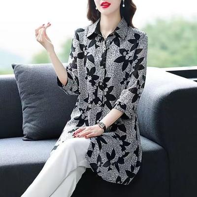 Women POLO Collar Fashion Three Quarter Shirt Women High Street Casual Loose Button Cardigan Elegant Printing Mid-length Tops