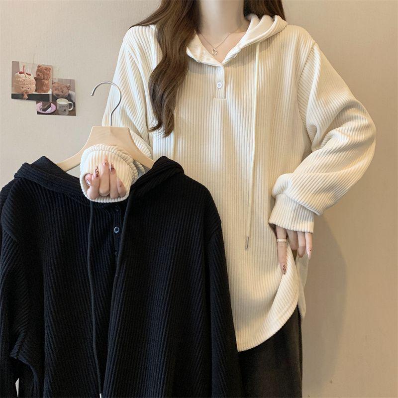 Women's Plus Size Ribbed Hooded Long Sleeve T-Shirt - Autumn/Winter Loose Slimming Base Layer