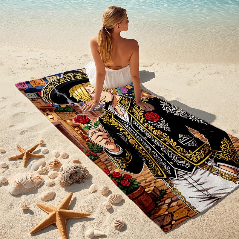 Classic Japanese Element Cartoon ONE PIECE Monkey D. Luffy Beach Towel Outdoor Camping Vacation Swimming Beach Towel Outdoor Absorbent Bath Towel Y22