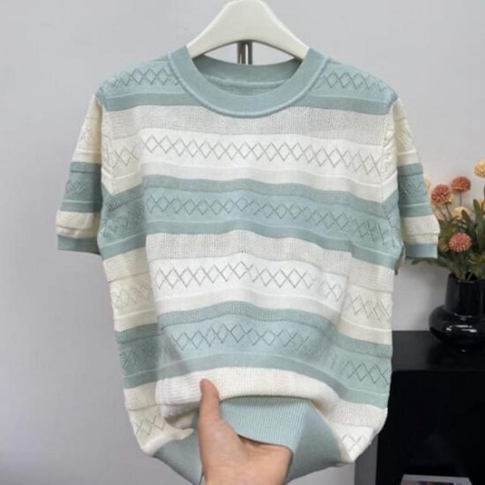 Navava Women Color Block Stripe Short Sleeve Knit Top Nk3008