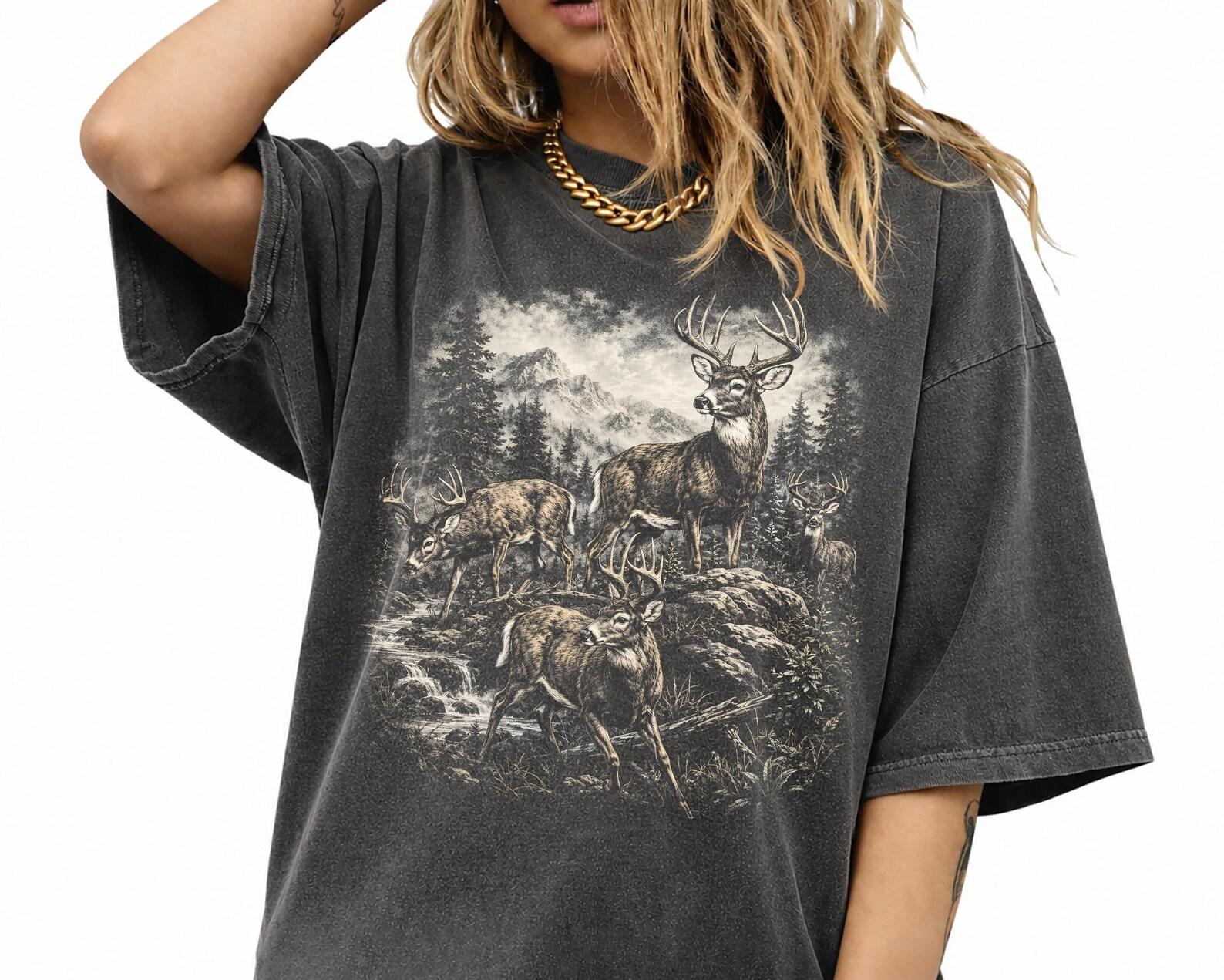 Vintage Deer Buck Graphic T-Shirt, 90s Forest Wildlife Nature Tee, Streetwear T-Shirt 4XL