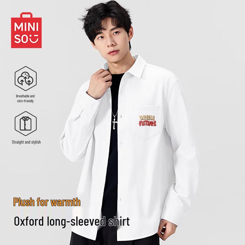 MINISO Men s Relaxed Fit Long-Sleeve Oxford Fleece-Lined Shirt XL