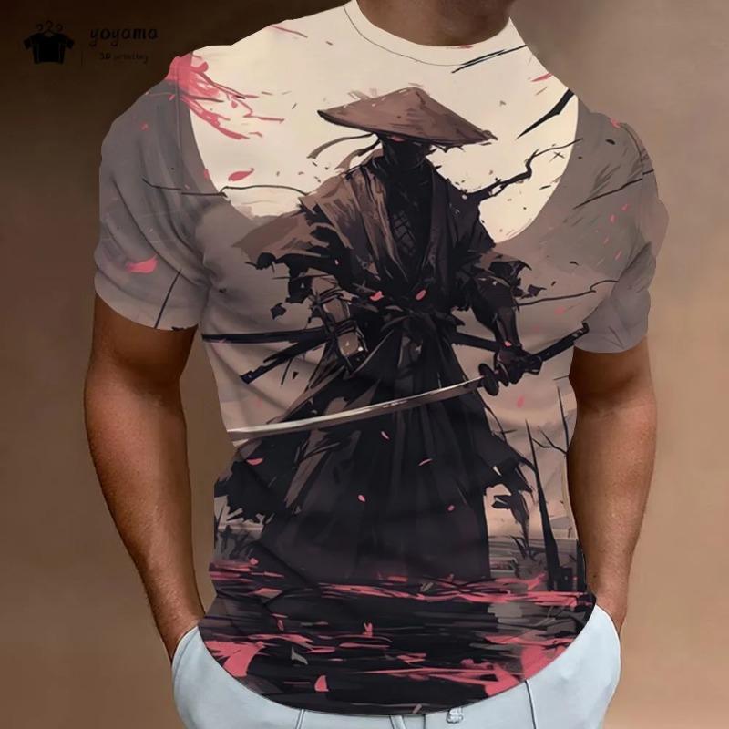 Vintage 3D Samurai Pattern T-Shirt Men Summer Outdoor Men Top Fashion Breathable Men Short Sleeve Tee Round Neck Men's Clothing