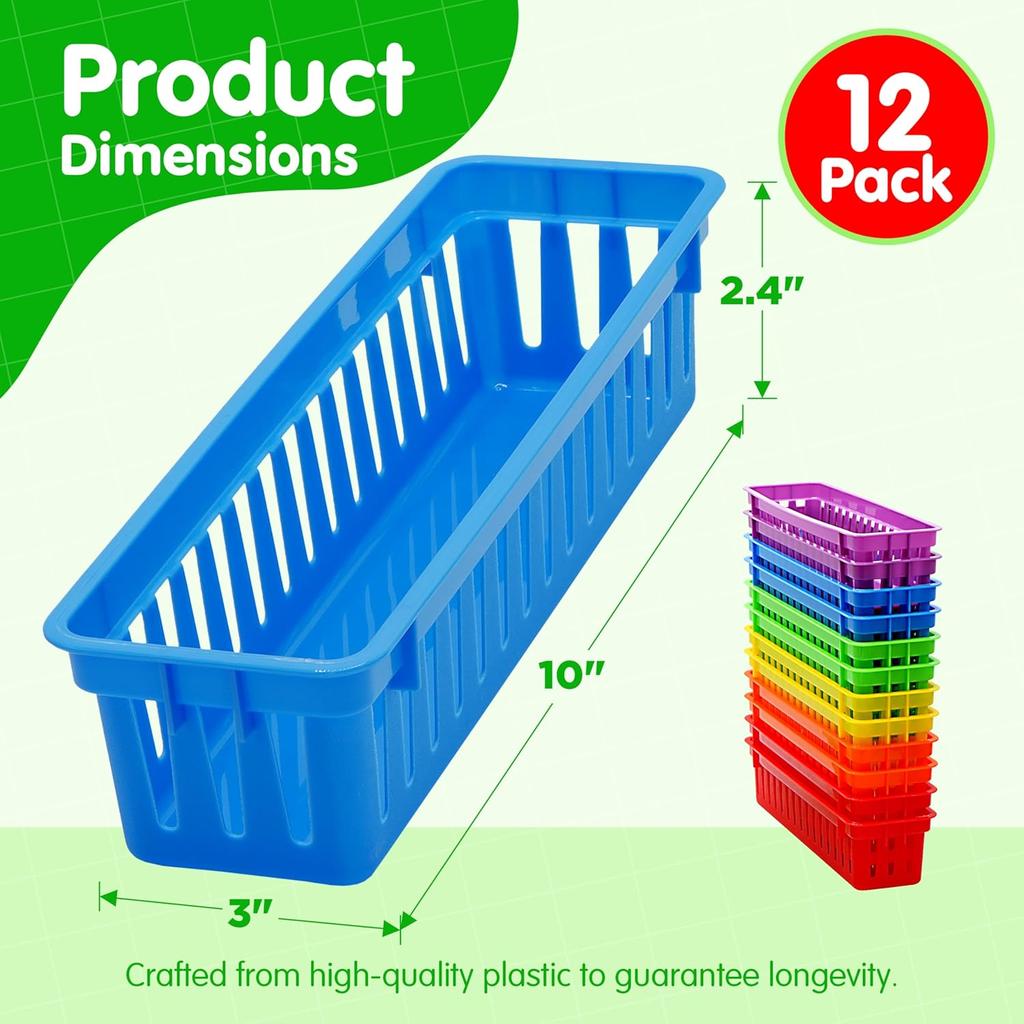 4E's Novelty 12 Pack Pencil Holder for Kids Desk, Colorful Plastic Pen Baskets Tray for Organizing Classroom Supplies, Plastic Caddy for Desk and