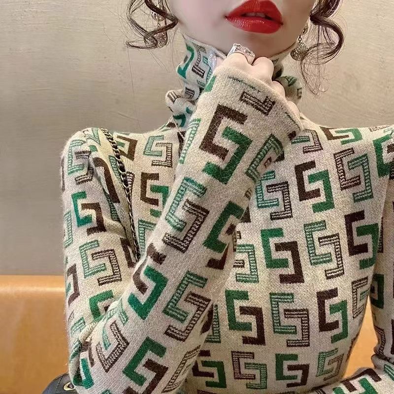 Cămașă cu gât înalt pentru femei toamnă și iarnă nou pulover imprimat pulover slim fit, slim și cald, interior interior