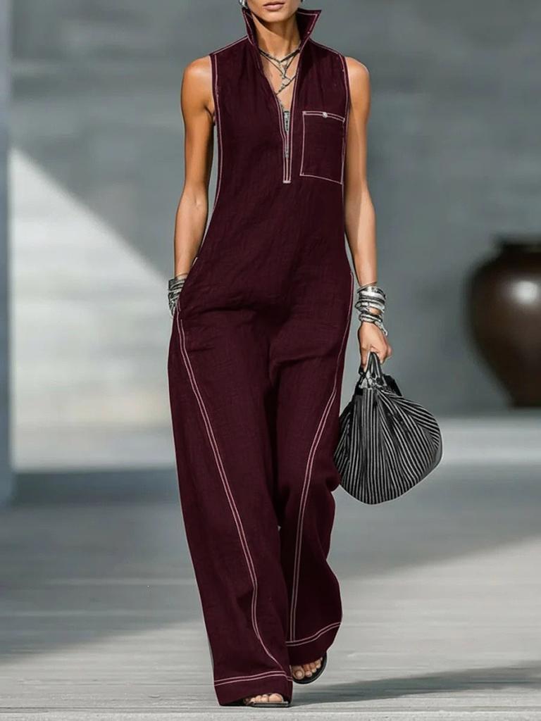 2026 new cross-border, European, American Amazon independent station women's stand-up collar sleeveless casual loose cotton and linen jumpsuit