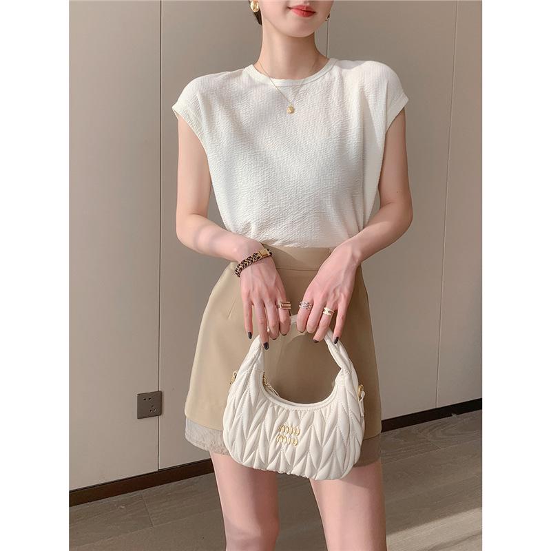 

2025 Summer Women s Chic Korean Style White Sleeveless Round Neck T-shirt L