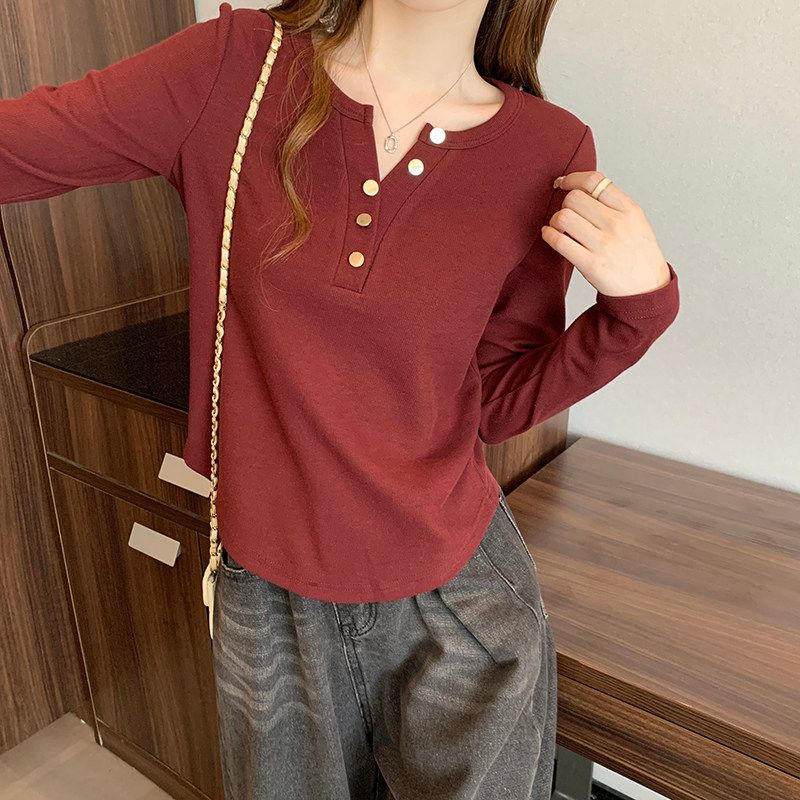 V Neck Chic Slightly Fat Sister Belly-Covering Long Sleeve T-Shirt