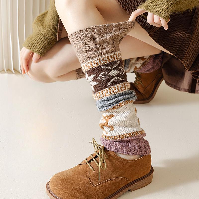 Wool Leg Warmer Socks Twisted Pattern Autumn Winter Deer Snowflake Slouchy Calf Knitted Warm Knee Protector Over-the-knee Socks