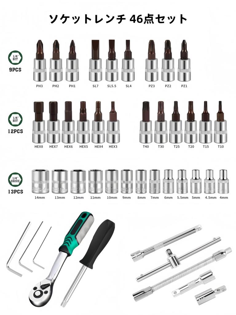 Korekaou Socket Wrench Ratchet Wrench Car Sleeve Ratchet and Socket Driver Combination for Automotive and Car Maintenance Alloy 46-Piece Set, Set,