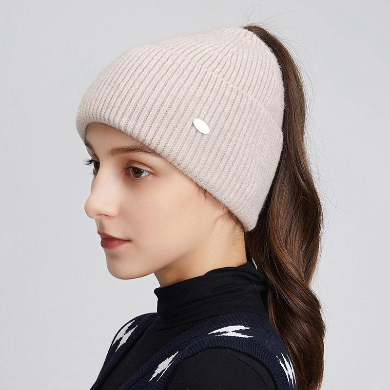 A Women's Knitted Hat with Exposed Braids, Autumn and Winter Thick Ear Protection Hat, Women's High Ponytail Braid