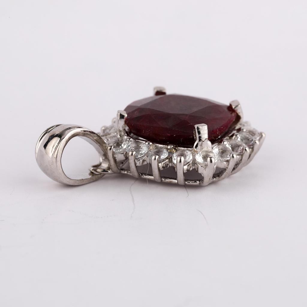 Dyed Ruby Cushion Pendant 925 Sterling Silver Platinum Plated White Topaz Handmade Fine Jewelry Gift for Her