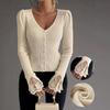 Women's V Neck Long Sleeve Knit Cardigan Slim Fit Elegant Lace Flare Cuff Button Front Sweater Top