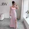 Einfarbiges Outfit Langarm-Kleid mit Blumenspitzenärmeln für Damen, Eckiger Ausschnitt Rüschen A-Linie Partykleid, Schmale Taille Maxi