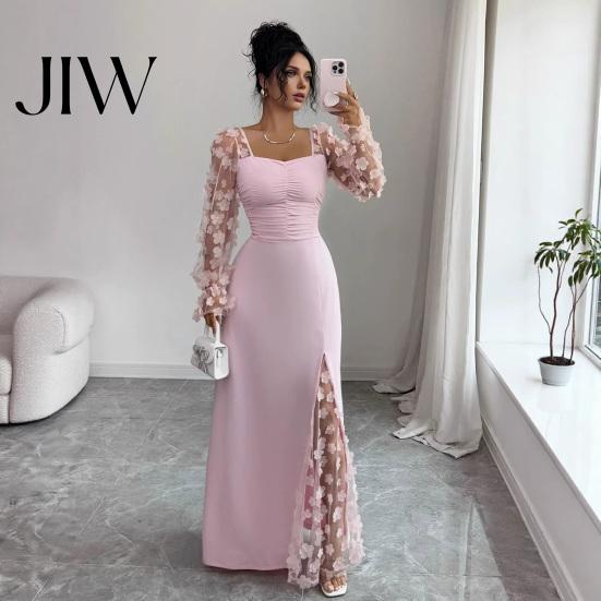Einfarbiges Outfit Langarm-Kleid mit Blumenspitzenärmeln für Damen, Eckiger Ausschnitt Rüschen A-Linie Partykleid, Schmale Taille Maxi