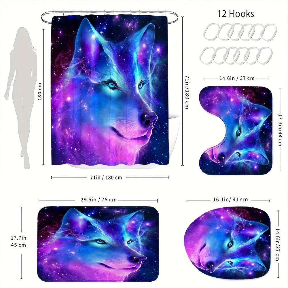 4Pcs Starry Wolf Pattern Shower Curtain Set with Non-Slip Bath Mat, Toilet Lid Cover, Contour Rug & 12 Hooks, Bathroom Decor