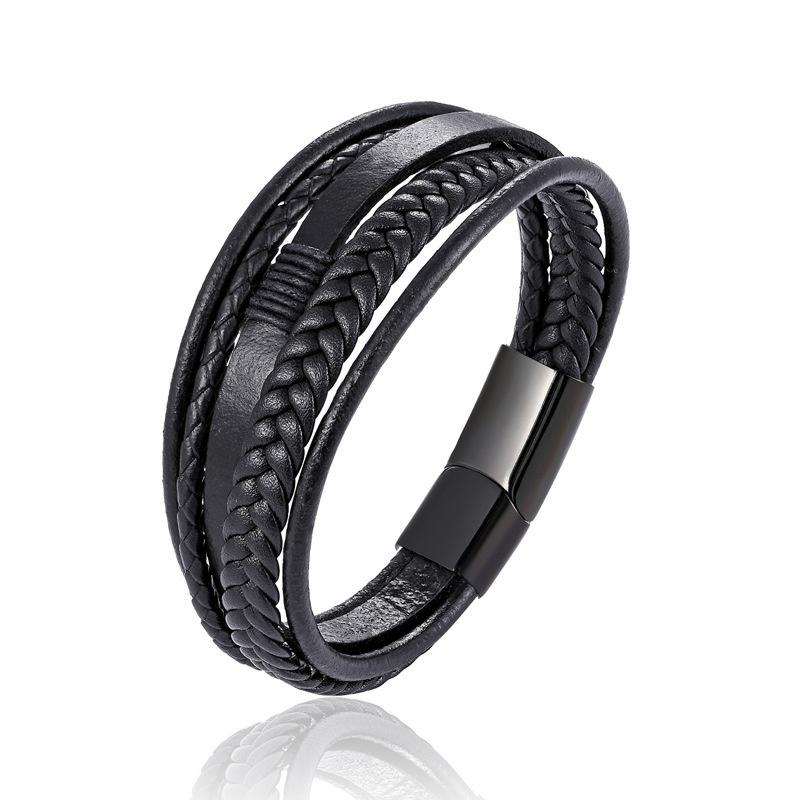 Fashion Classic Men's Leather Rope Bracelet Woven Leather Ethnic Style Bracelet Punk Metal Magnet Buckle Personality Bracelet