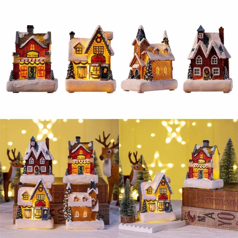 Tabletop Christmas Village House Buildings Lighted Resin Ornaments for Holiday Decor House Figurine with LED Lights