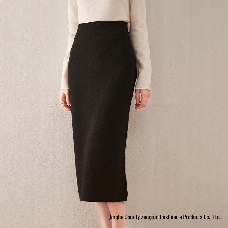 Dámská vlněná sukně střední délky s vysokým pasem a úzkým střihem - Podzimní/zimní trendy pletený hip style