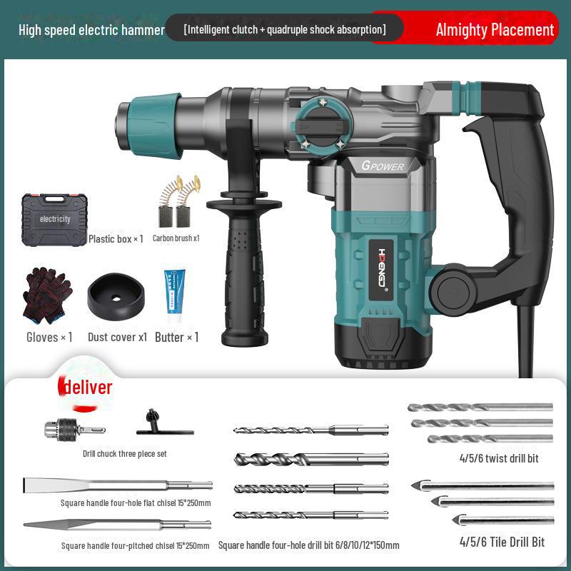 Taladro y martillo de impacto eléctrico multifunción de alta potencia para hormigón y uso doméstico.