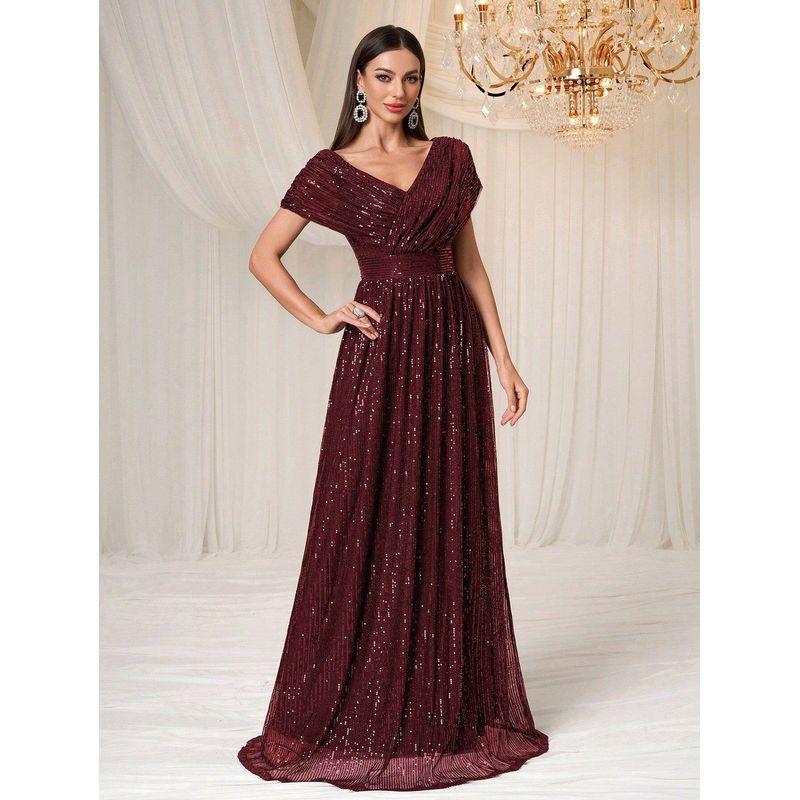 New European and American Style Dress for Women, Birthday Dress, Long Dress with Sequins, V-Neck, Shawl-Style Short Sleeves, Party Evening Dress Burgundy S