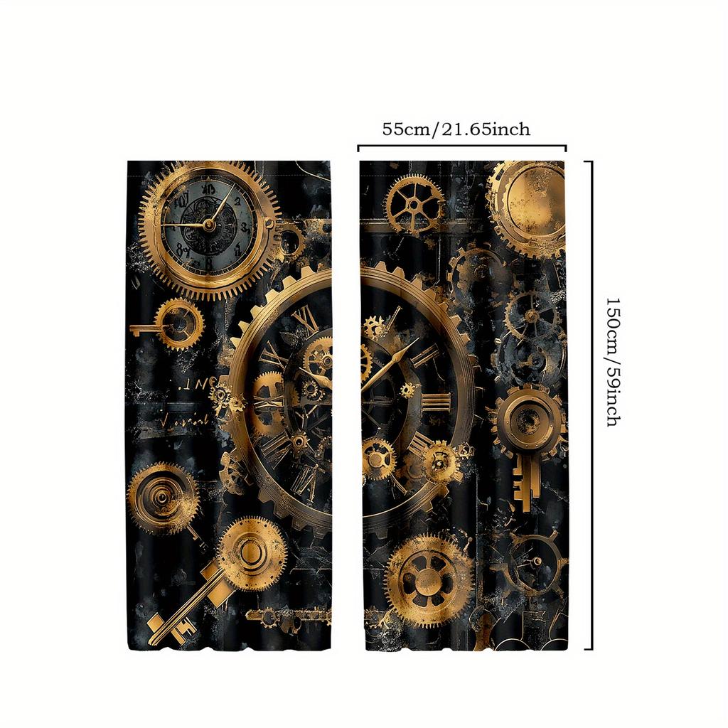 2 szt. Zasłony Artystyczne Steampunkowe Vintage - Industrialne Czarne ze Złotymi Kołami Zębatymi i Wzorem Zegara   Półprzezroczysty Poliester   Pranie w Maszynie