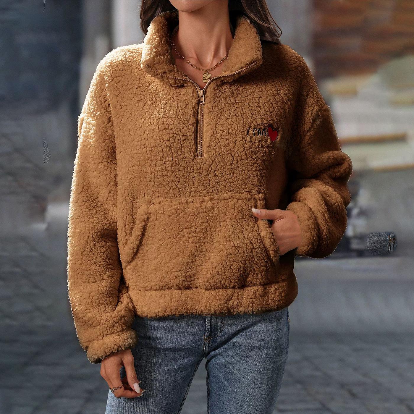 Осенне-зимняя женская плюшевая куртка с длинным рукавом, свободная, с полумолнией и воротником-стойкой, пуловер, толстовка 2XL верблюд