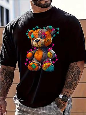 Unisexs Summer Cotton Fashionable Casual Sports Loose Large Cartoon Teddy Bear Pattern Printed Round Neck Short Sleeve Tshirt Dry