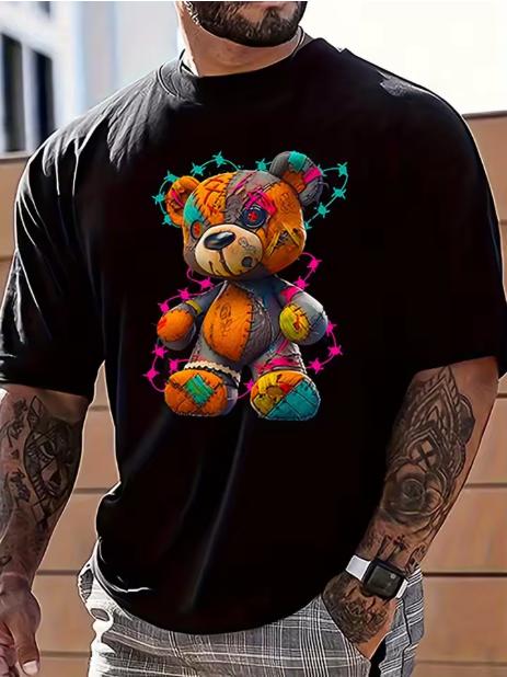 Unisexs Summer Cotton Fashionable Casual Sports Loose Large Cartoon Teddy Bear Pattern Printed Round Neck Short Sleeve Tshirt Dry