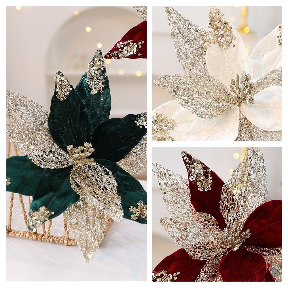 Flanellstoff Weihnachten Künstliche Blumen Kunststoff Glitzer Glitzer Fake Flower 29cm DIY Weihnachten Dekorationsblumen Weihnachtsdekoration