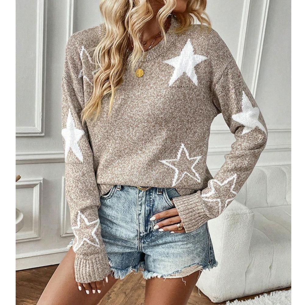Women's Crew Neck Long Sleeve Star Jacquard Loose Fit Commuter Knit Sweater