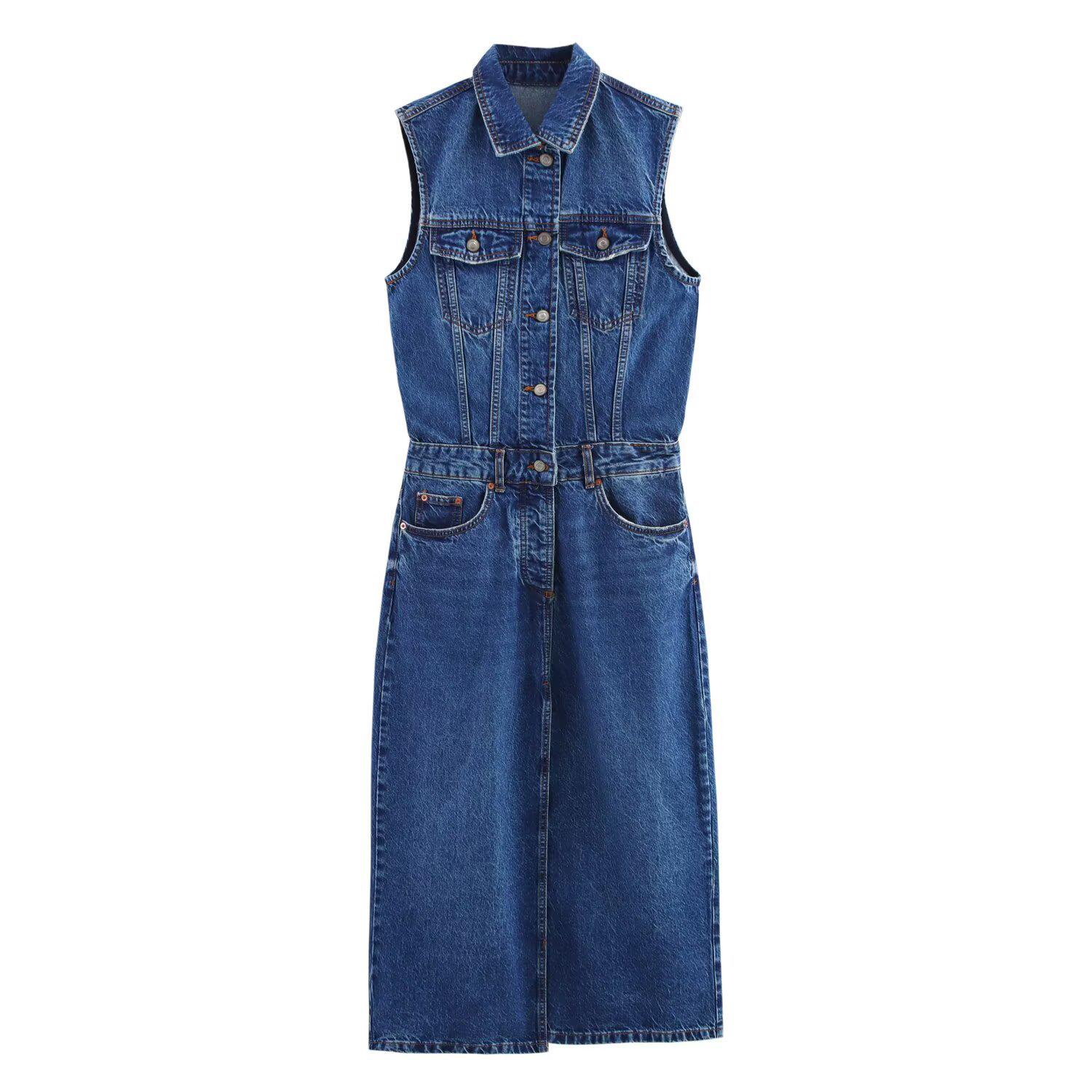 

2025 Spring Women s Sleeveless Slim Fit Denim Dress with Pockets S