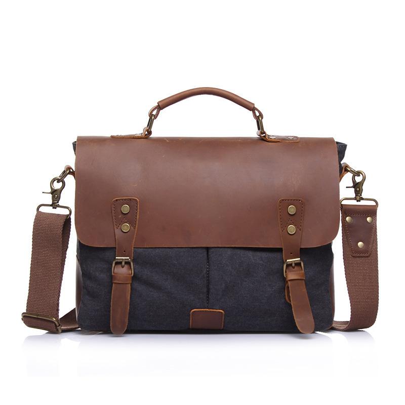 Vintage Leather & Canvas Briefcase for Men, Business Office Portfolio Bag, Document Tote Attache Case