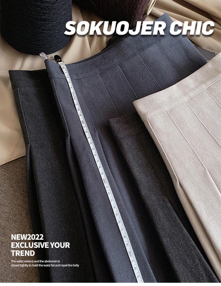 Women's High-Quality Black Wool Blend A-Line Pleated Skirt - Thick, High-Waisted, Slimming, Plus Size, Short Length for Autumn & Winter.