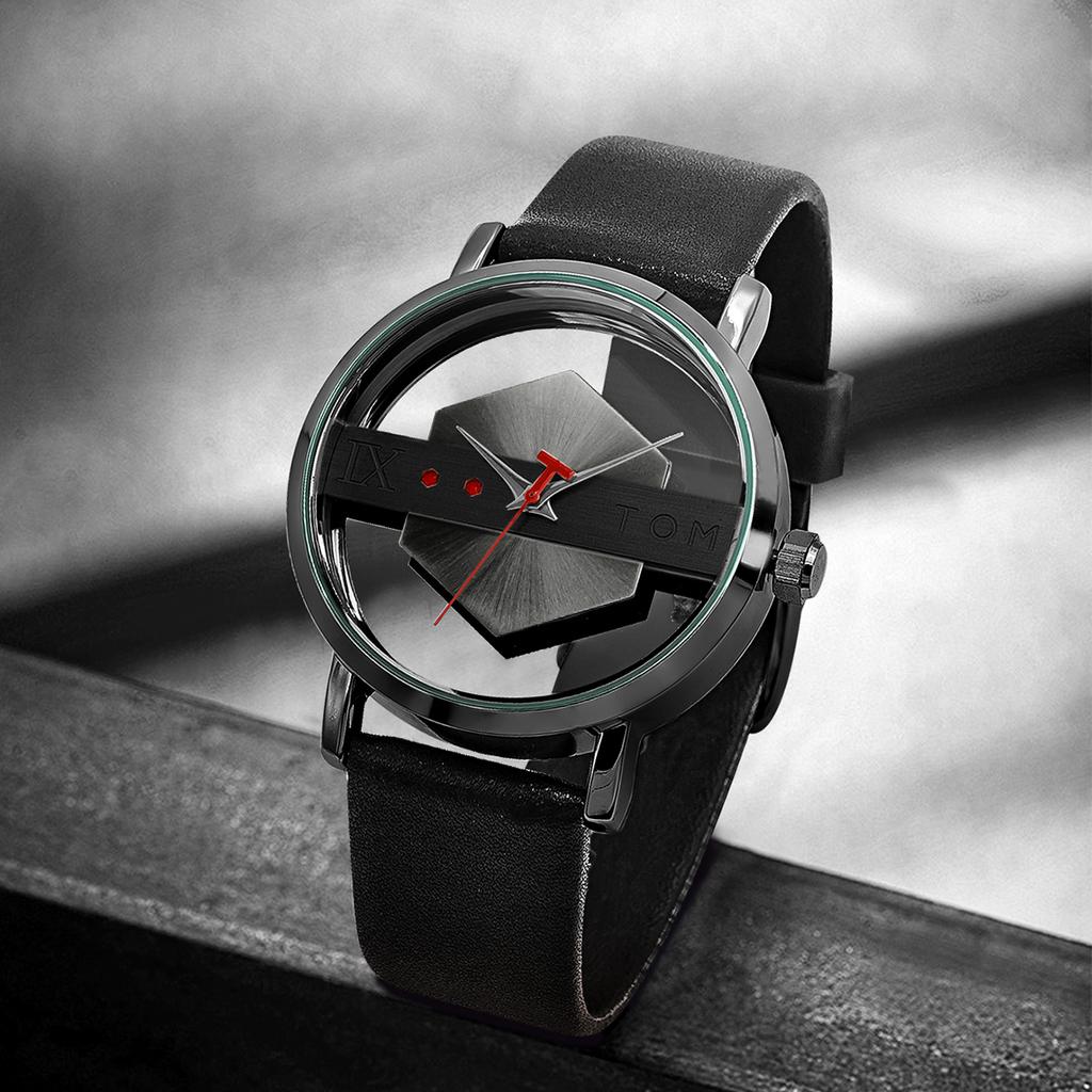 Fashionable and Minimalist Men's Leather Watch Strap Personalized Hollow Perspective Glass Bottom Cover Quartz Watch