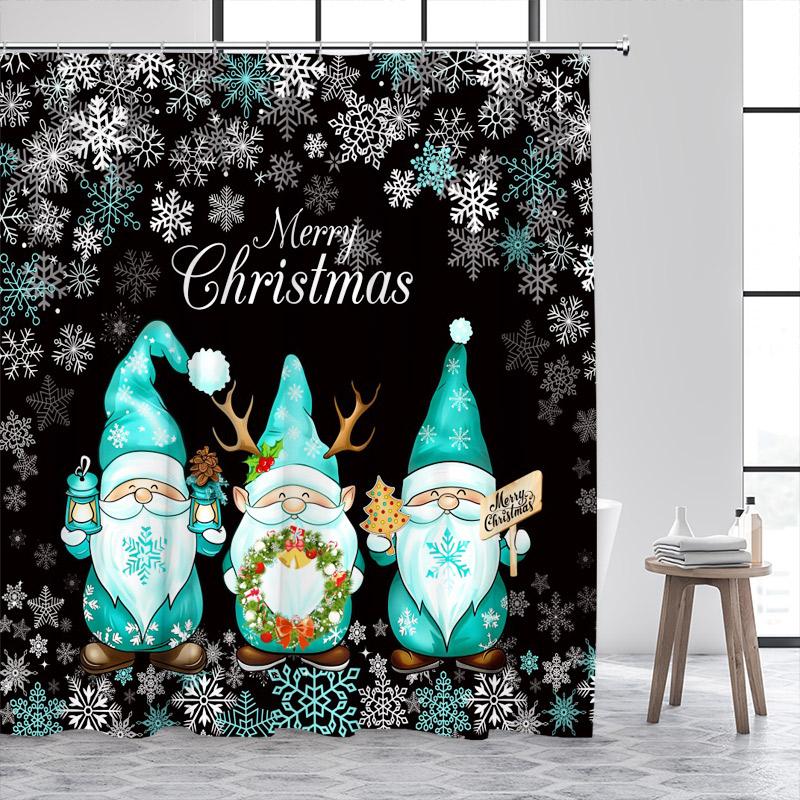 Cartoon Santa Claus Shower Curtains White Snowflake Wreath Blue Christmas Bath Curtain Set Fabric Home Bathroom Decor With Hooks