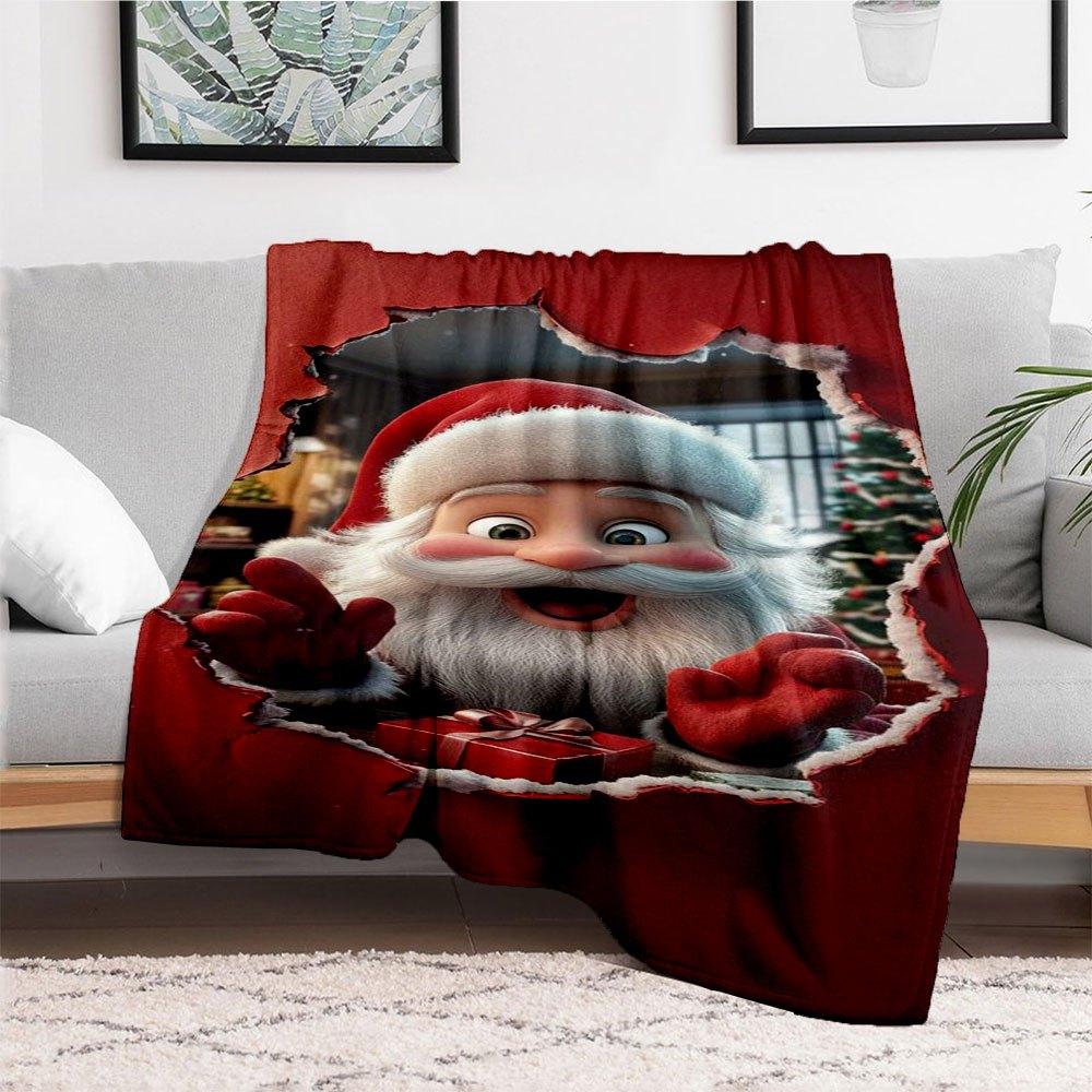 "Christmas Santa Claus Gift Box with Bow"Blanket Flannel Throw Blanket for Sofa, Bed, Travel, Camping, Office