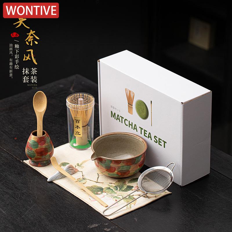 Hand Drawn Ceramic Matcha Bowl and Whisk Set Sturdy Elegant Easy To Clean Matcha Mixing Bowl Kit Heat Resistant Japanese Tea Kit