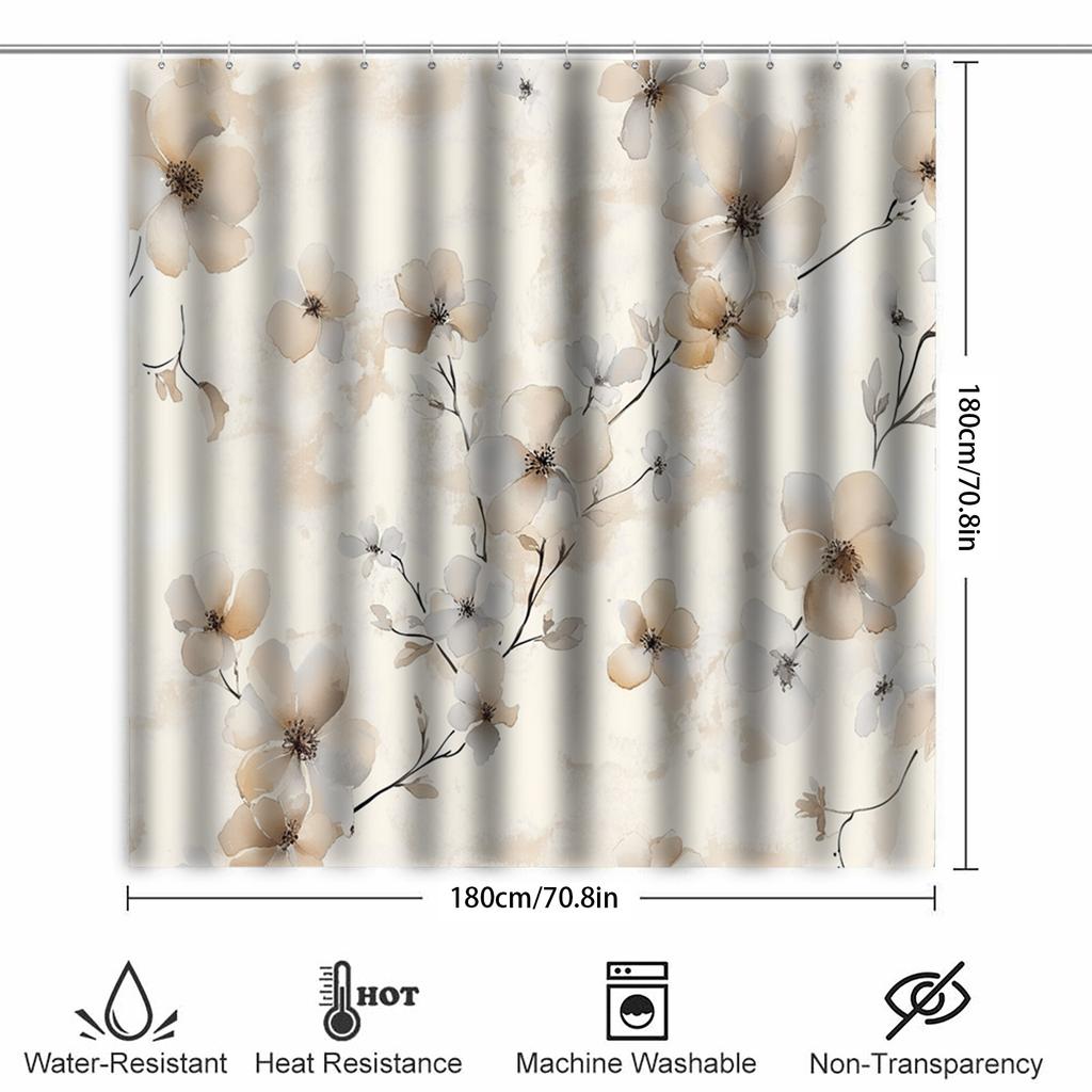 1Pc High Quality Floral Watercolor Shower Curtain - Beige And Honey Wheat Yellow Forest Theme, Machine Washable With Hooks