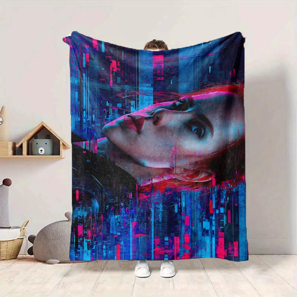 1Pc Cyberpunk Neon Portrait Flannel Blanket, Soft And Comfortable, Casual Warm, Camping Travel, Christmas, Halloween Xmas Gift S1526